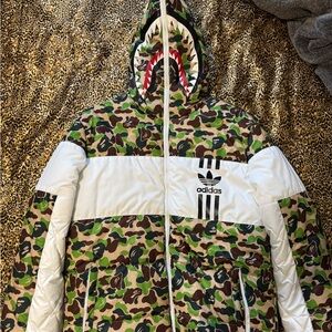 Bape x Adidas Men's Camo Shark-Print Puffer Jacket with White Panel